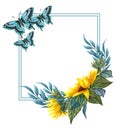 Watercolor floral wreath with sunflowers anf butterflies , leaves, foliage, branches, fern leaves and place for your text Royalty Free Stock Photo