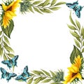 Watercolor floral wreath with sunflowers anf butterflies , leaves, foliage, branches, fern leaves and place for your text Royalty Free Stock Photo