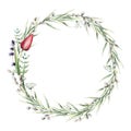 Watercolor floral wreath with tulip and lavender. Hand painted holiday flowers, willow, bud, grass and leaves isolated