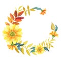 Watercolor floral wreath of yellow flowers, autumn leaves and Golden twigs