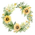 Watercolor floral wreath with yellow sunflowers and green leaves. Royalty Free Stock Photo