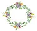 Watercolor floral wreaths hand drawn illustration. Tribal flowers, leave and branch