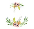 Watercolor floral wreaths hand drawn illustration. Tribal flowers, leaves and branch