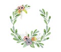 Watercolor floral wreaths hand drawn illustration. Tribal flowers, leaves and branch