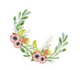 Watercolor floral wreaths hand drawn illustration. Tribal flowers, leaves and branch