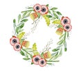 Watercolor floral wreaths hand drawn illustration. Tribal flowers, leaves and branch