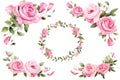 Watercolor floral wreaths with pink roses, green leaves and branches, Wreaths, floral frames, watercolor flowers pink roses, Royalty Free Stock Photo