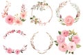 Watercolor floral wreaths with pink roses, leaves and branches, Hand-painted wreaths and floral frames with watercolor flowers, Royalty Free Stock Photo