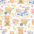 Watercolor florals, dog, flower shop seamless pattern, Flower Cart, hand drawn blue bicycle with yellow flowers. Artwork for Royalty Free Stock Photo