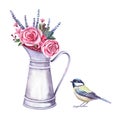 Watercolor flower arrangement in a metal pitcher and tit bird. Bouquet with roses, lovanda and berries.