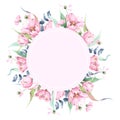 Pink round frame template with watercolor arrangement, floral design, hand painted flowers, greenery, foliage, romantic, watercolo Royalty Free Stock Photo