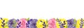 Watercolor flower banner with yellow, pink and purple roses and leaves on white background.