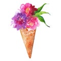 Watercolor flower bouquet peony rose carnation ice-cream waffle sweet dessert isolated