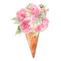 Watercolor flower bouquet peony tea rose ice-cream waffle sweet dessert isolated