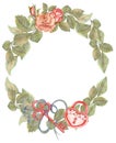 Watercolor flower circlet with key, lock, ribbon