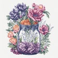 Watercolor, Flower Clipart, romantic, colorful flowers in a mason jar Royalty Free Stock Photo