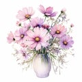 Delicate Watercolor Painting Of Purple Flowers In A Vase