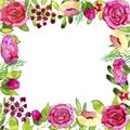 Watercolor flower frame of pink roses, poppy, green leaves and buds