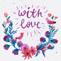 Watercolor flower laurel wreath with butterfly. Watercolor Flower Wreath and text with love. Royalty Free Stock Photo