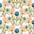 Watercolor flower motif background. Hand painted earthy whimsical seamless pattern. Modern floral linen textile for