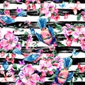 Watercolor flower pattern Seamless allover design with stripes background