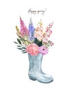 Watercolor flower rain boots, spring floral illustration. garden flowers bouquet for cards, greetings Royalty Free Stock Photo