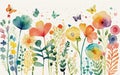 Watercolor flower rainbow design. Rainbows, butterflies, and adorable, vibrant spring flowers on a white backdrop Royalty Free Stock Photo