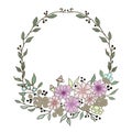 Watercolor flower round frame. Floral wreath. Meadow flowers circle border. Simple drawing flawers for wedding invitation, poster