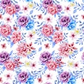 Watercolor flower seamless pattern with blue leaves and branches, dusty botanical bouquet. Christmas pattern design for wallpaper