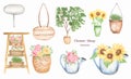 Watercolor flower stall with flowers set illustration, Flower shop element, street floral shop equipment, sunflowers in the pot,