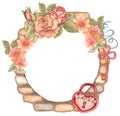 Watercolor flower wreath with keys, locks, ribbons Royalty Free Stock Photo