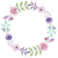 Watercolor Flower Wreath Purple Rose Garland Leaf Pink Roses