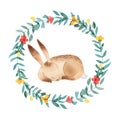 Watercolor flower wreath with rabbit