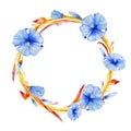 Watercolor wreath of blue pastel flowers and foliage