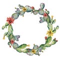 Watercolor flowering cactuses wreath. Hand painted opuntia with red and yellow flower isolated on white background Royalty Free Stock Photo