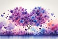 Watercolor flowering trees in lilac color on a background of pink clouds and hearts, valentine