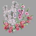 Watercolor Flowers Apple Cherry and Peach. Handiwork Illustration.