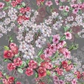 Watercolor Flowers Apple Cherry and Peach. Handiwork Seamless Pattern on a Gray-Blue Background. Royalty Free Stock Photo