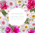 Watercolor flowers blossom card. Vintage colorful greeting card. Summer floral chamomile and peonies. flower decoration Royalty Free Stock Photo