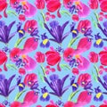 Watercolor iris, tulip and leaves seamless pattern on blue background Royalty Free Stock Photo