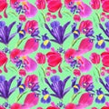 Watercolor iris, tulip and leaves seamless pattern on green background Royalty Free Stock Photo