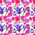 Watercolor iris, tulip and leaves seamless pattern on white background Royalty Free Stock Photo