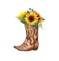 Watercolor Flowers in boots. Cowboy boot and sunflowers. Farmhouse rustic clipart isolated on white background. Royalty Free Stock Photo