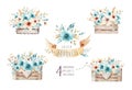 Watercolor flowers bouquets set with feathers. Watercolour color organic feather design print. Isolated illustration Royalty Free Stock Photo