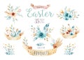 Watercolor flowers bouquets set with feathers. Watercolour color organic feather design print. Isolated illustration Royalty Free Stock Photo