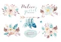 Watercolor flowers bouquets set with feathers. Watercolour color organic feather design print. Isolated illustration Royalty Free Stock Photo