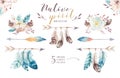 Watercolor flowers bouquets set with feathers. Watercolour color organic feather design print. Isolated illustration Royalty Free Stock Photo