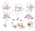 Watercolor flowers bouquets set with feathers. Watercolour color organic feather design print. Isolated illustration on white Royalty Free Stock Photo