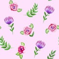 Watercolor flowers, branhces and leaves bouquets seamless pattern, hand painted on a pink Royalty Free Stock Photo