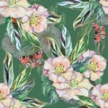 Watercolor flowers with butterfly on green background. Seamless pattern. Royalty Free Stock Photo